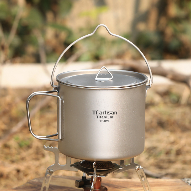 Camping Cooking Pot With Lid - Tiartisan Titanyum 1.1L Kamp Potu Açık