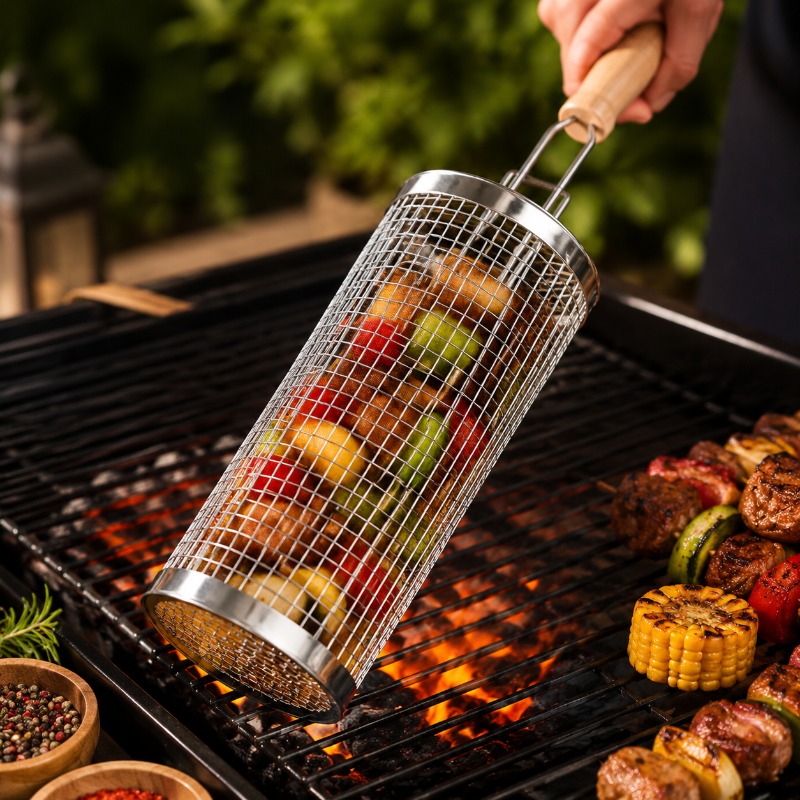 Camping Cooking Device - Yuvarlak Barbekü Izgara Sepeti Seti Paslanmaz